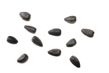 Beyaz arka planda izole edilmiş ayçiçeği tohumları. Üst görünüm