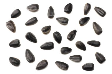 Beyaz arka planda izole edilmiş ayçiçeği tohumları. Üst görünüm