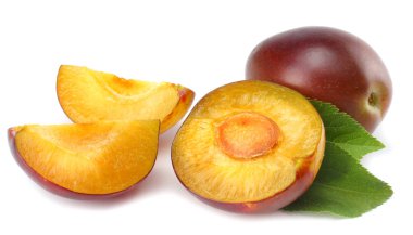 Beyaz arka planda kesilmiş erik dilimleri ile taze erik meyvesi.