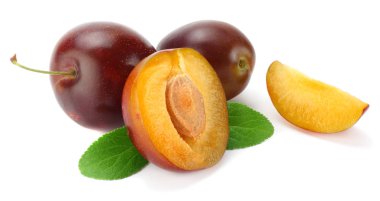 Beyaz arka planda kesilmiş erik dilimleri ile taze erik meyvesi.