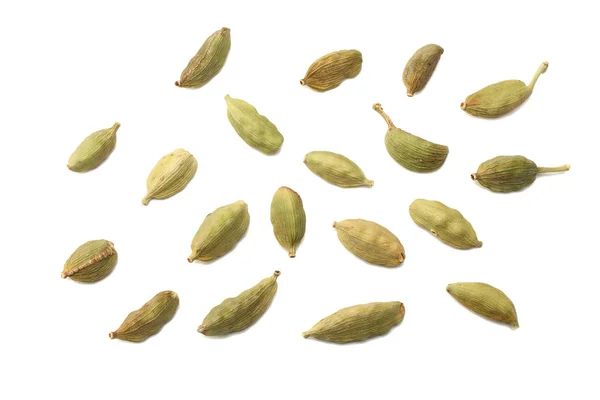 Pilha Cardamomo Verde Cardamão Cardamomo Frutos Secos Elettaria Cardamomum Isolada — Fotografia de Stock