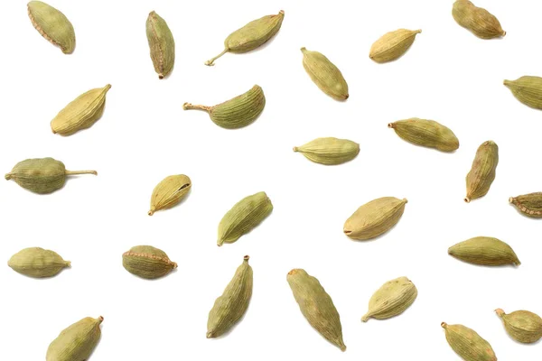 Pilha Cardamomo Verde Cardamão Cardamomo Frutos Secos Elettaria Cardamomum Isolada — Fotografia de Stock
