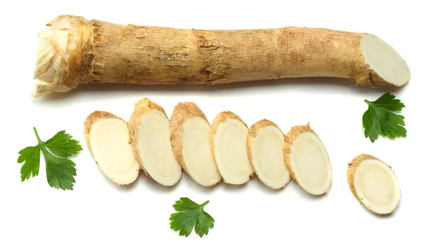 Sliced Horseradish Root Parsley Isolated White Background — Stock Photo, Image