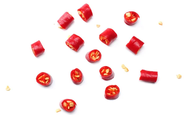 Φέτες Κόκκινες Καυτερές Πιπεριές Τσίλι Απομονώνονται Λευκό Φόντο Πάνω Άποψη — Φωτογραφία Αρχείου