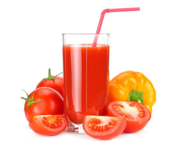 Suco Tomate Isolado Sobre Fundo Branco Suco Vidro — Fotografia de Stock