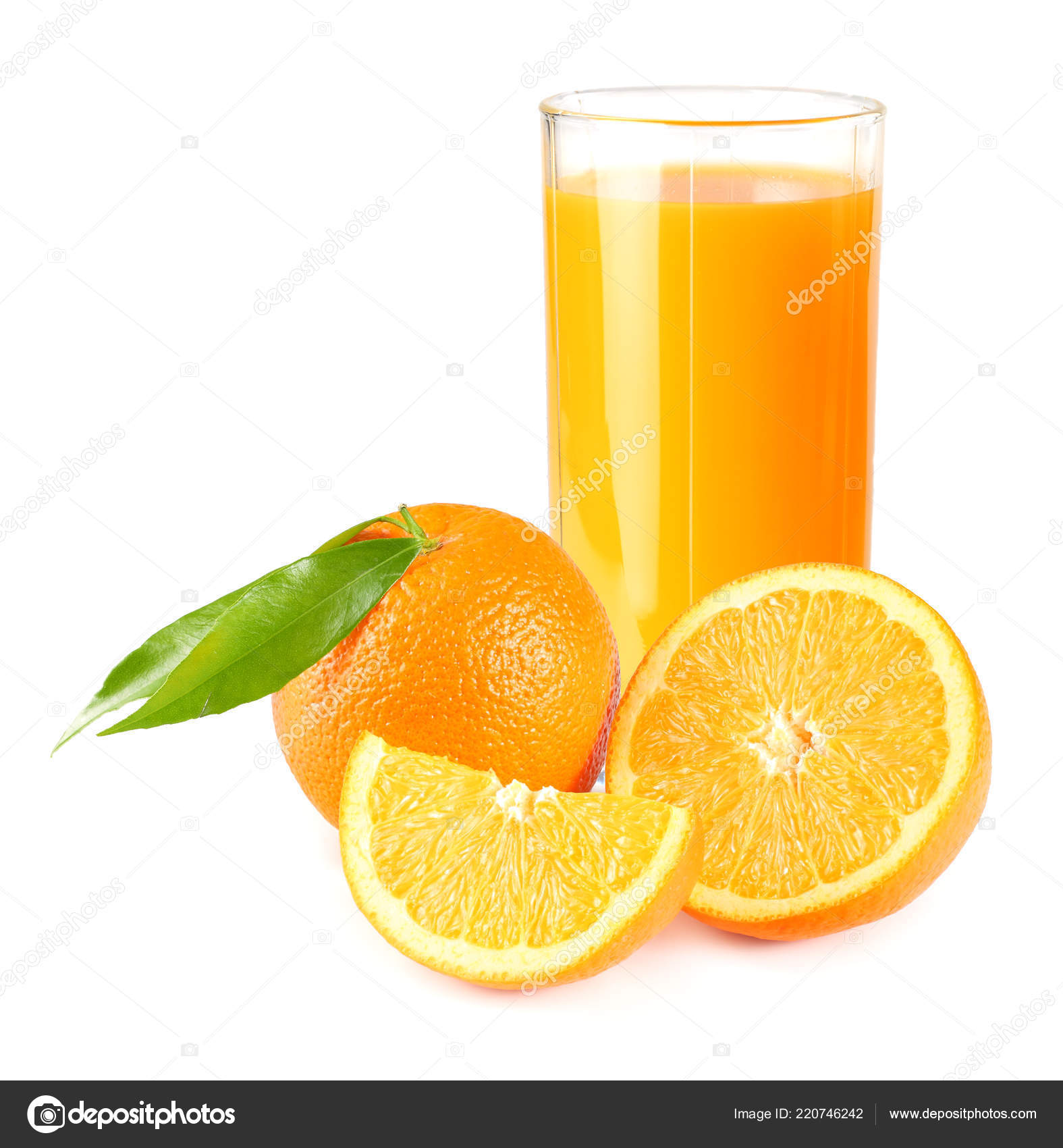 Orange Juice Orange Green Leaf Isolated White Background Juice Glass