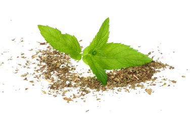 Beyaz arka plan üzerinde izole kuru nane yaprakları ile taze nane yaprakları