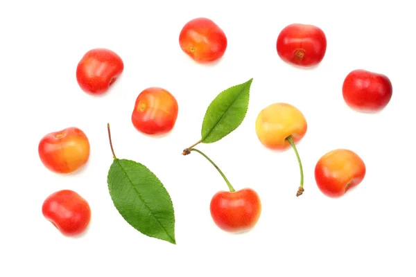 Red Yellow Cherry Green Leaf Isolated White Background Top View — Stock Photo, Image