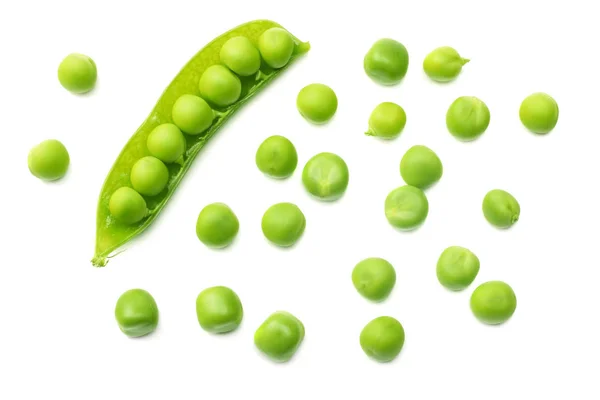鲜绿色的豌豆在白色的背景上被隔离 顶部视图 — 图库照片