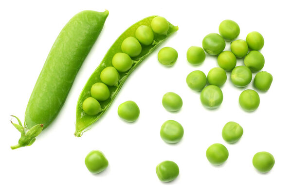 fresh green peas isolated on a white background. top view