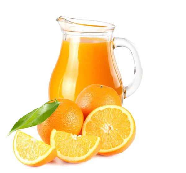 Orange Juice Orange Green Leaf Isolated White Background Juice Jug — Stock Photo, Image
