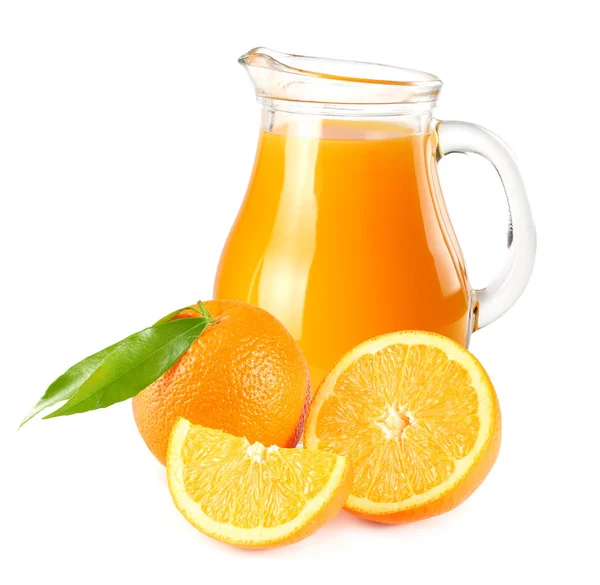 Orange Juice Orange Green Leaf Isolated White Background Juice Jug — Stock Photo, Image