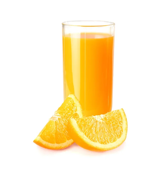 Suco Laranja Com Laranja Isolado Fundo Branco Suco Vidro — Fotografia de Stock