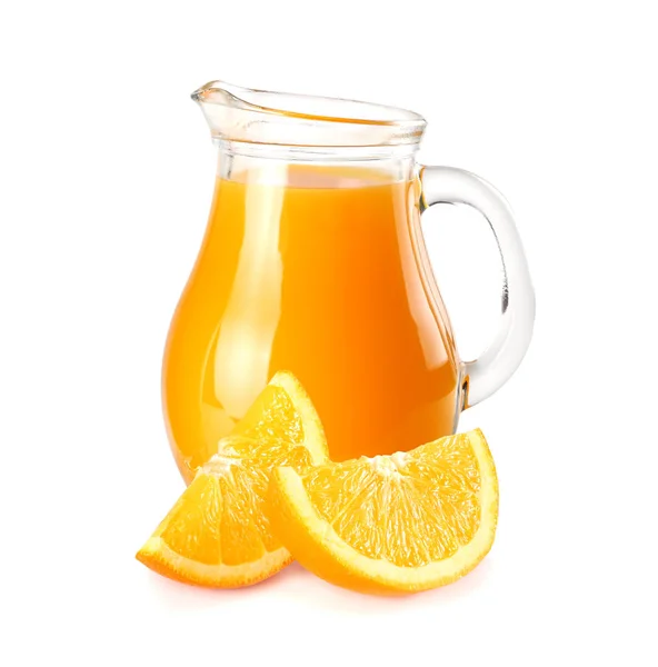 Jus Orange Met Oranje Geïsoleerd Een Witte Achtergrond Sap Kruik — Stockfoto