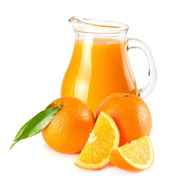 Orange Juice Orange Green Leaf Isolated White Background Juice Jug — Stock Photo, Image