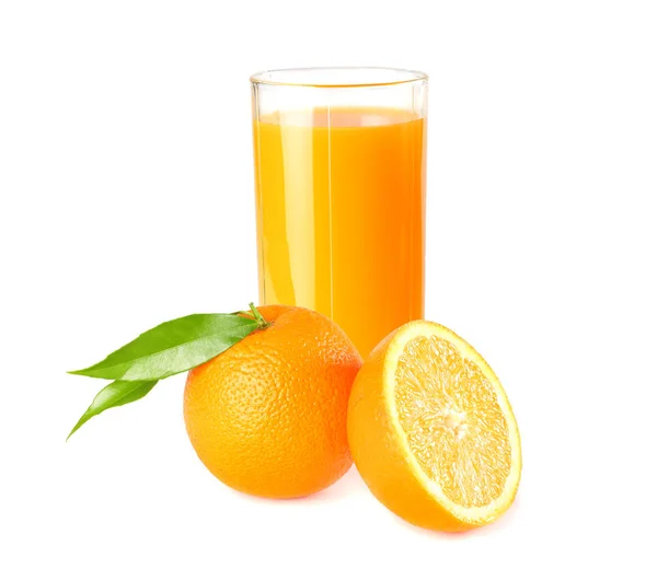 Jus Orange Avec Tranches Orange Feuille Verte Isolée Sur Fond — Photo