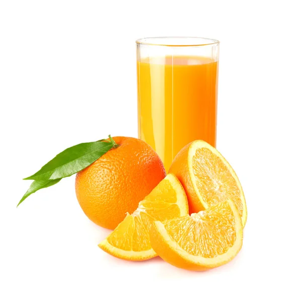 Jus Orange Avec Feuille Orange Verte Isolée Sur Fond Blanc — Photo