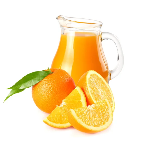 Orange Juice Orange Green Leaf Isolated White Background Juice Jug — Stock Photo, Image