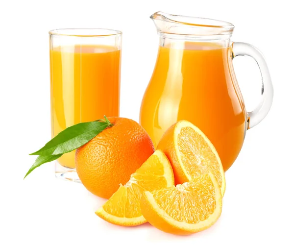 Orangensaft Mit Orangefarbenem Und Grünem Blatt Auf Weißem Hintergrund Saft — Stockfoto