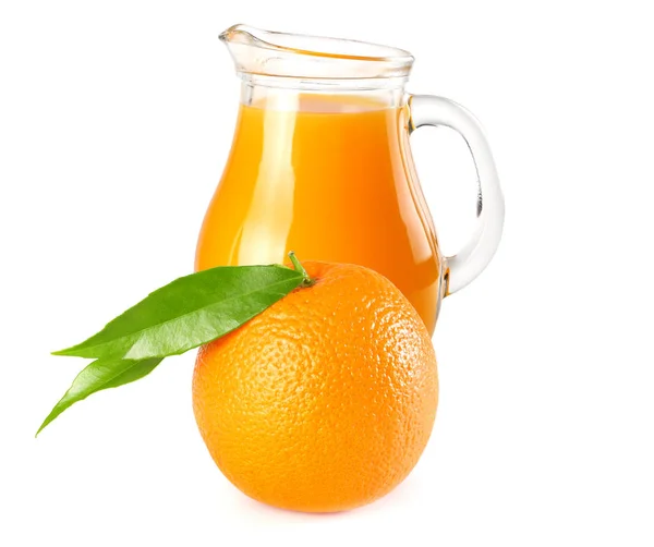 Jus Orange Met Oranje Groen Blad Geïsoleerd Een Witte Achtergrond — Stockfoto