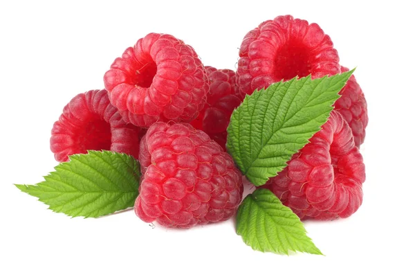 Reife Himbeeren Mit Grünem Blatt Isoliert Auf Weißem Hintergrund — Stockfoto