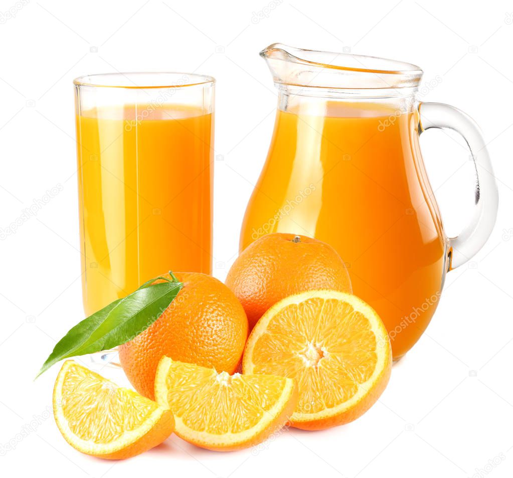 orange juice with orange and green leaf isolated on white background. juice in glass