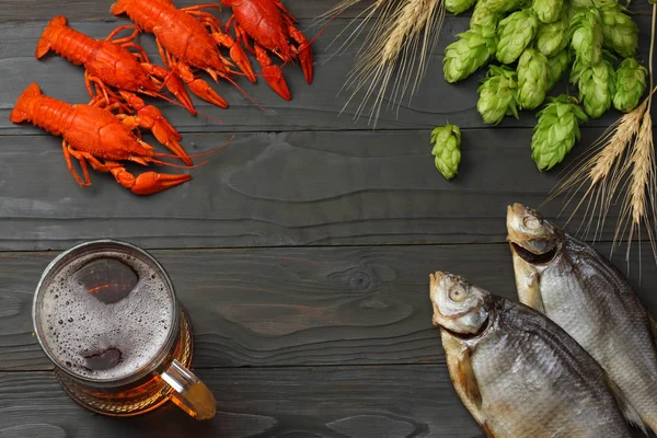 Glas Bier Met Langoesten Gedroogde Vis Hopbellen Donkere Houten Achtergrond — Stockfoto