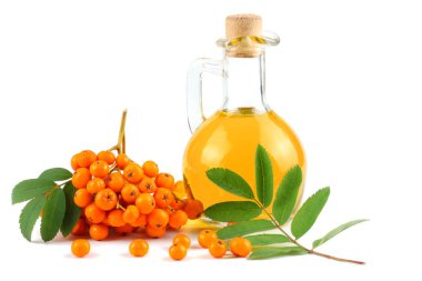 Rowan cam sürahi beyaz arka plan üzerinde izole yeşil yaprak ve rowan yağda ile