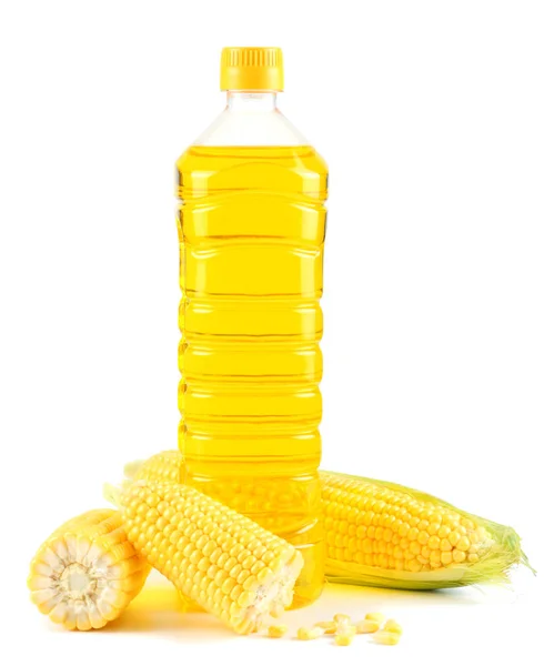 Corn Oil Plastic Bottle Corn Cob Isolated White Background — Stock Photo, Image