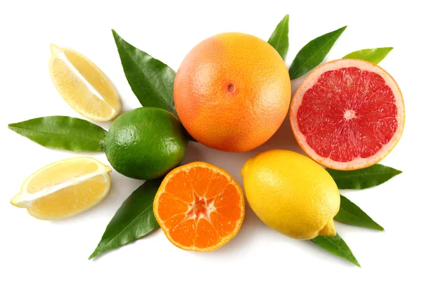 Zdrowe Jedzenie Mix Cytrynę Limonkę Zielony Pomarańczowy Grejpfrutowy Zielony Liść — Zdjęcie stockowe