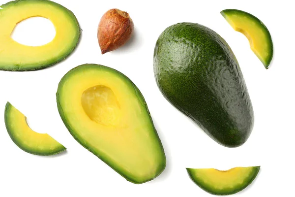 Gezonde Voeding Plakjes Avocado Geïsoleerd Witte Achtergrond Bovenaanzicht — Stockfoto