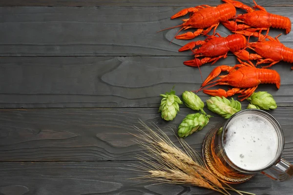 Glass beer with crawfish, hop cones and wheat ears on dark wooden background. Beer brewery concept. Beer background. top view with copy space