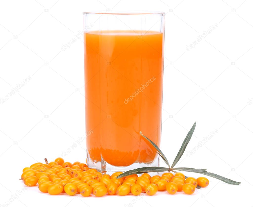 Sea buckthorn juice in glass isolated on white background