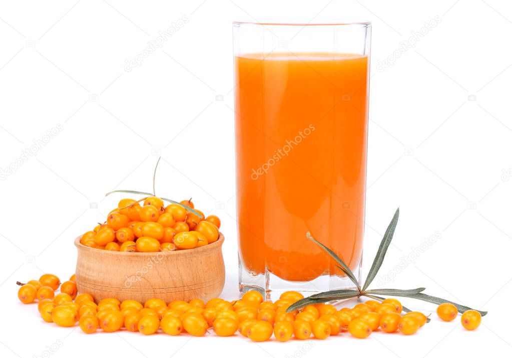 Sea buckthorn juice in glass isolated on white background