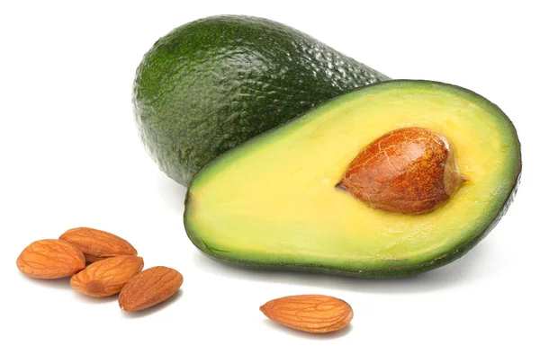 Cibo Sano Avocado Affettato Con Mandorle Isolate Fondo Bianco — Foto Stock