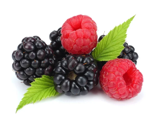 Blackberries Raspberries Green Leaf Isolated White Background Macro — Stock Photo, Image