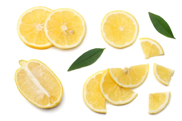 Healthy Food Sliced Lemon Green Leaf Isolated White Background Top — Stock Photo, Image