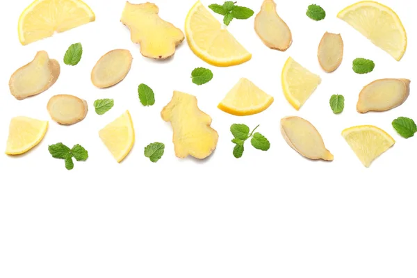Gesunder Hintergrund Geschnitten Ingwer Und Zitrone Isoliert Auf Weißem Hintergrund — Stockfoto