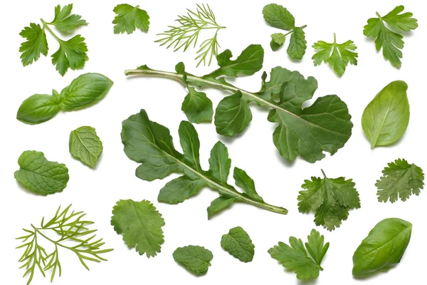 Grüne Frische Rucolablätter Isoliert Auf Weißem Hintergrund Rucola Oder Rucola — Stockfoto