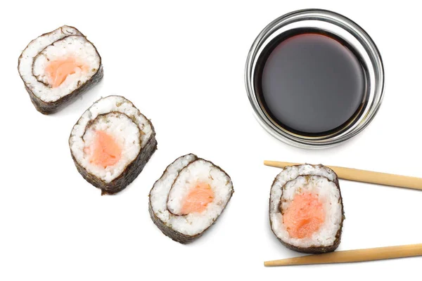 ホワイト バック グラウンド トップ ビューに分離された寿司セット — ストック写真