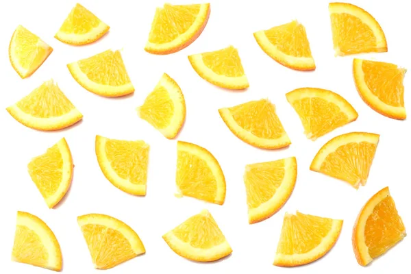 Gesunde Ernährung Scheiben Geschnitten Orange Isoliert Auf Weißem Hintergrund Draufsicht — Stockfoto
