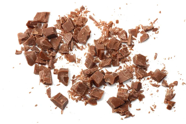 Mléčné Čokolády Hobliny Izolovaných Bílém Pozadí Pohled Shora — Stock fotografie