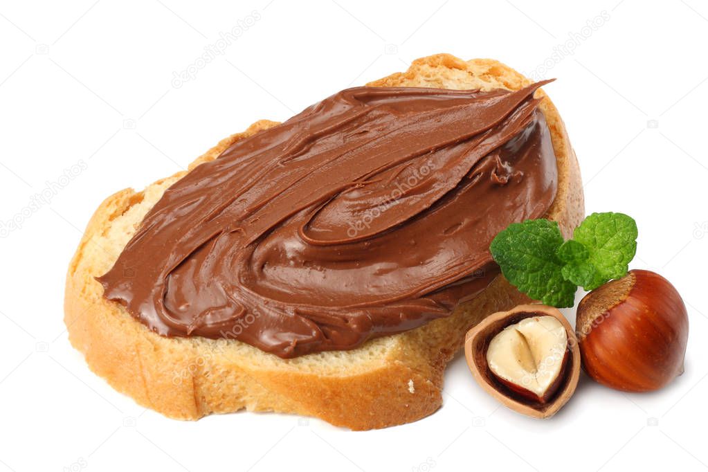 Slice of bread with chocolate cream with hazelnut isolated on white background