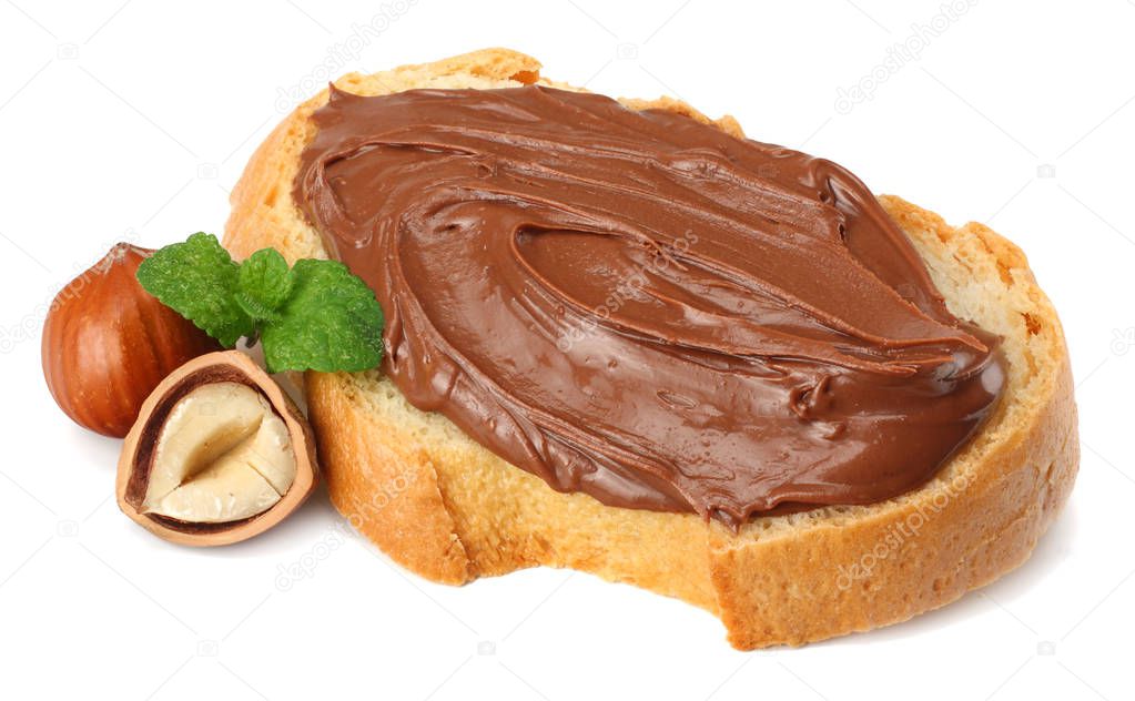 Slice of bread with chocolate cream with hazelnut isolated on white background