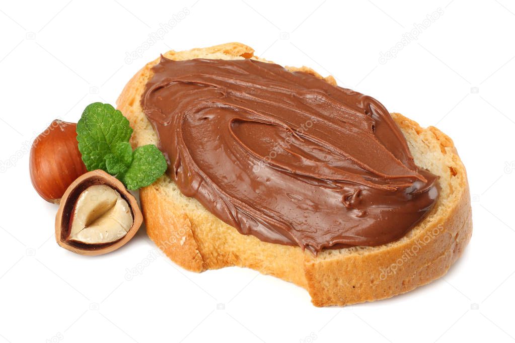 Slice of bread with chocolate cream with hazelnut isolated on white background