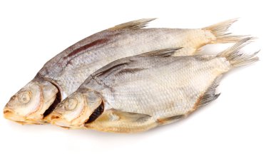 Kurutulmuş balık beyaz arka plan üzerinde izole. Bira bira kavramı. Bira arka plan