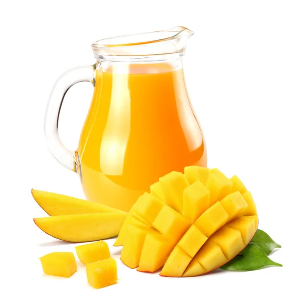 Mango Sap Met Mango Segment Geïsoleerd Een Witte Achtergrond Kruik — Stockfoto