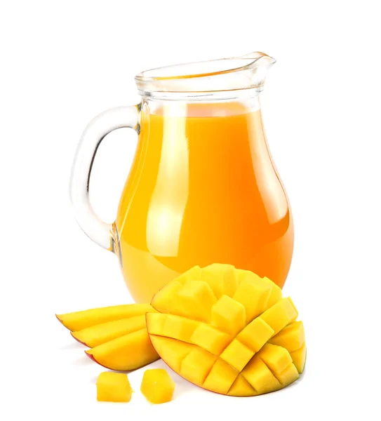 Mango Sap Met Mango Segment Geïsoleerd Een Witte Achtergrond Kruik — Stockfoto