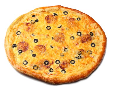 Beyaz arka plan üzerinde izole zeytinli pizza parçası. üstten görünüm