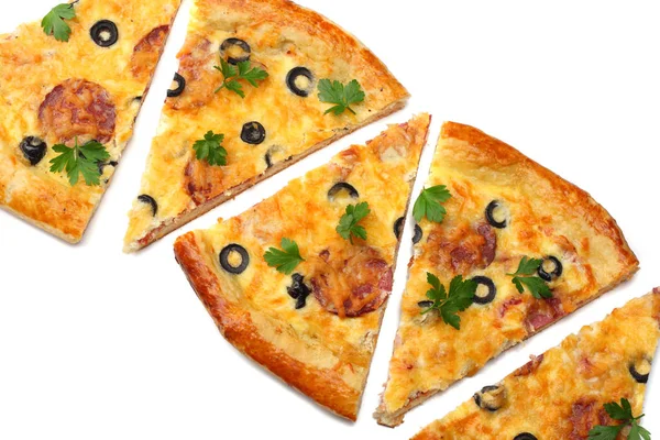 Bit Pizza Med Oliver Isolerad Vit Bakgrund Ovanifrån — Stockfoto